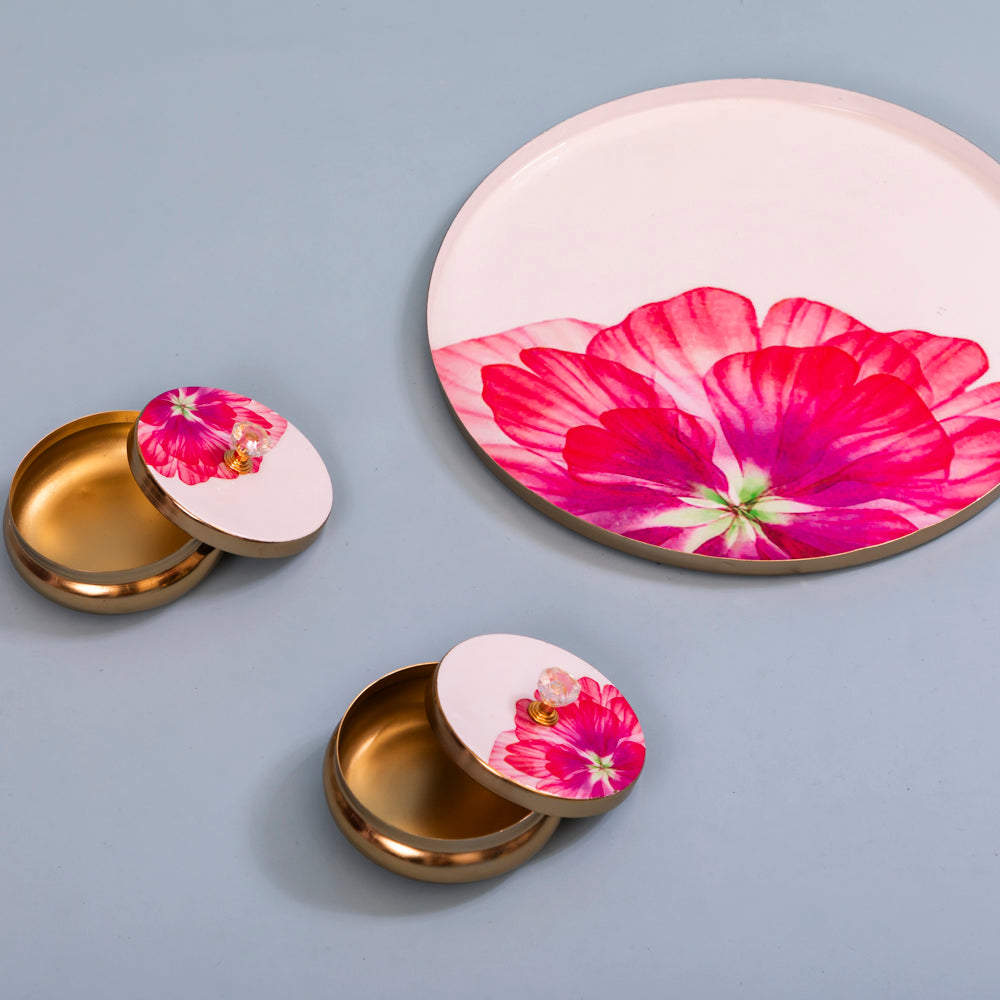 Floral decorative tray with 2 storage jars