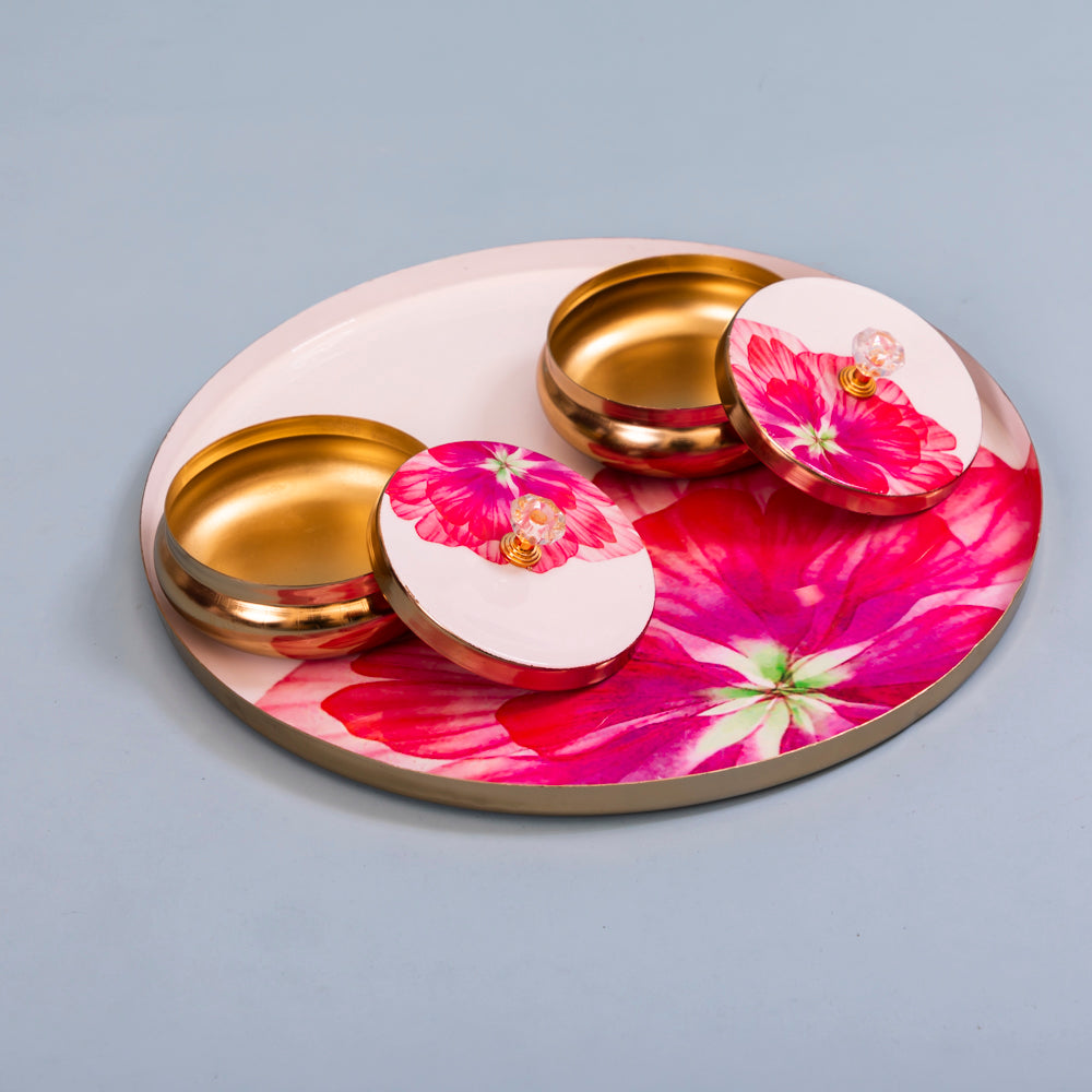 Floral decorative tray with 2 storage jars