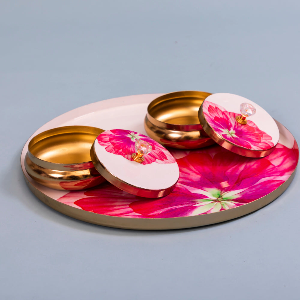 Floral decorative tray with 2 storage jars