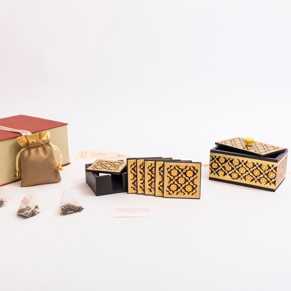 Luxury meenakari gift box with 6 coasters & premium green tea