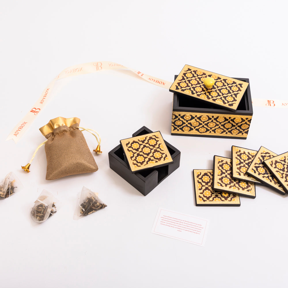 Luxury meenakari gift box with 6 coasters & premium green tea