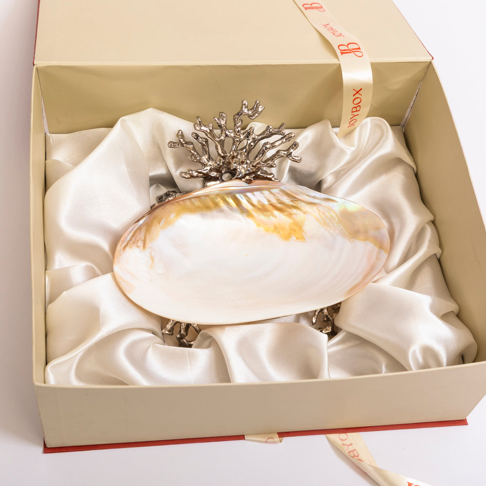 Mother of pearl decorative bowl with metal base