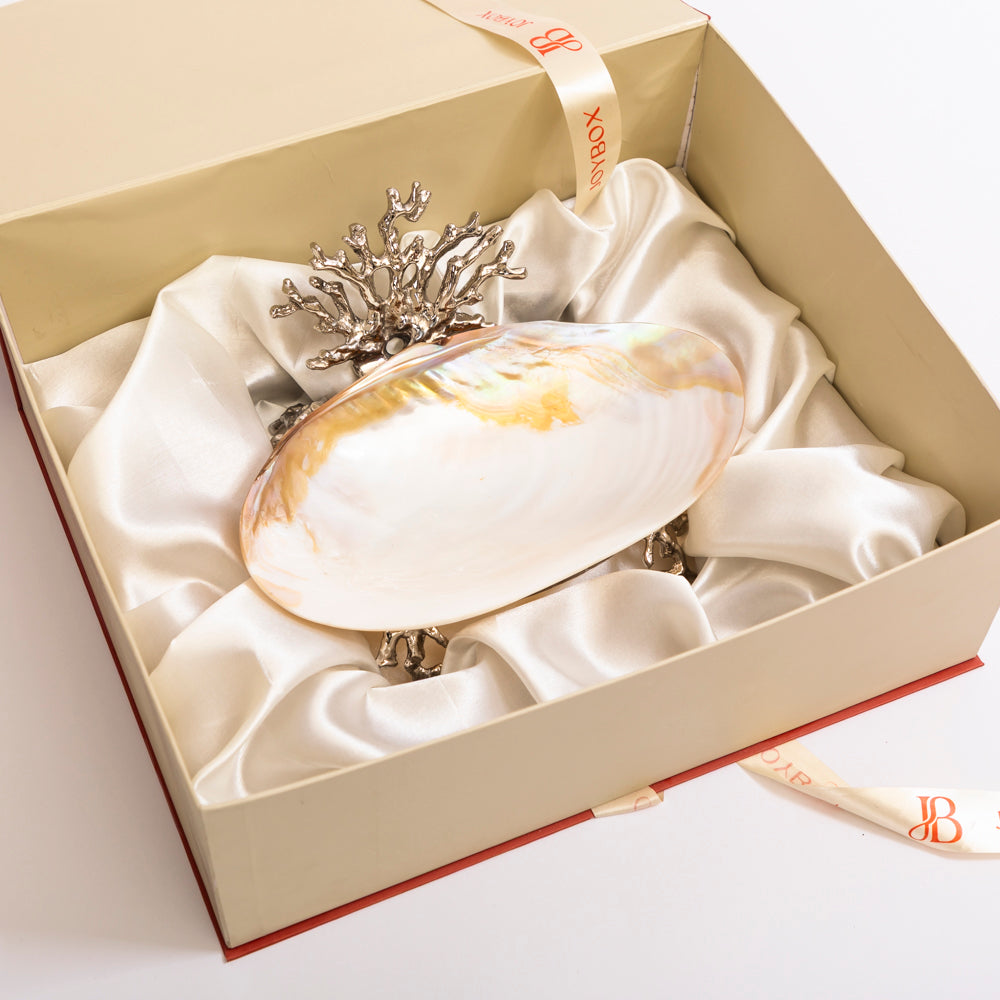 Mother of pearl decorative bowl with metal base