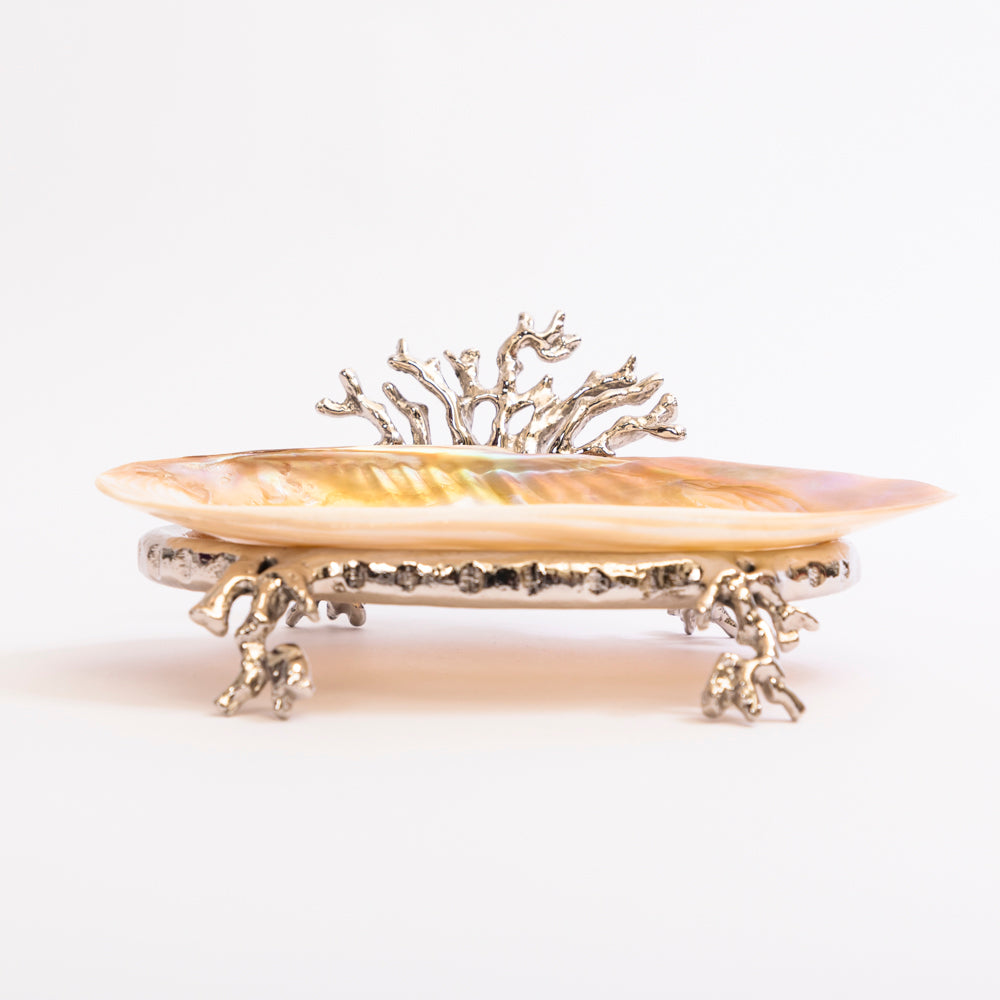 Mother of pearl decorative bowl with metal base